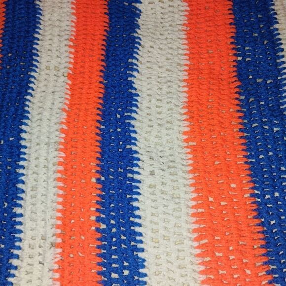 Handmade Crochet Cozy Striped Blue and Orange Throw Blanket - Picture 6 of 7